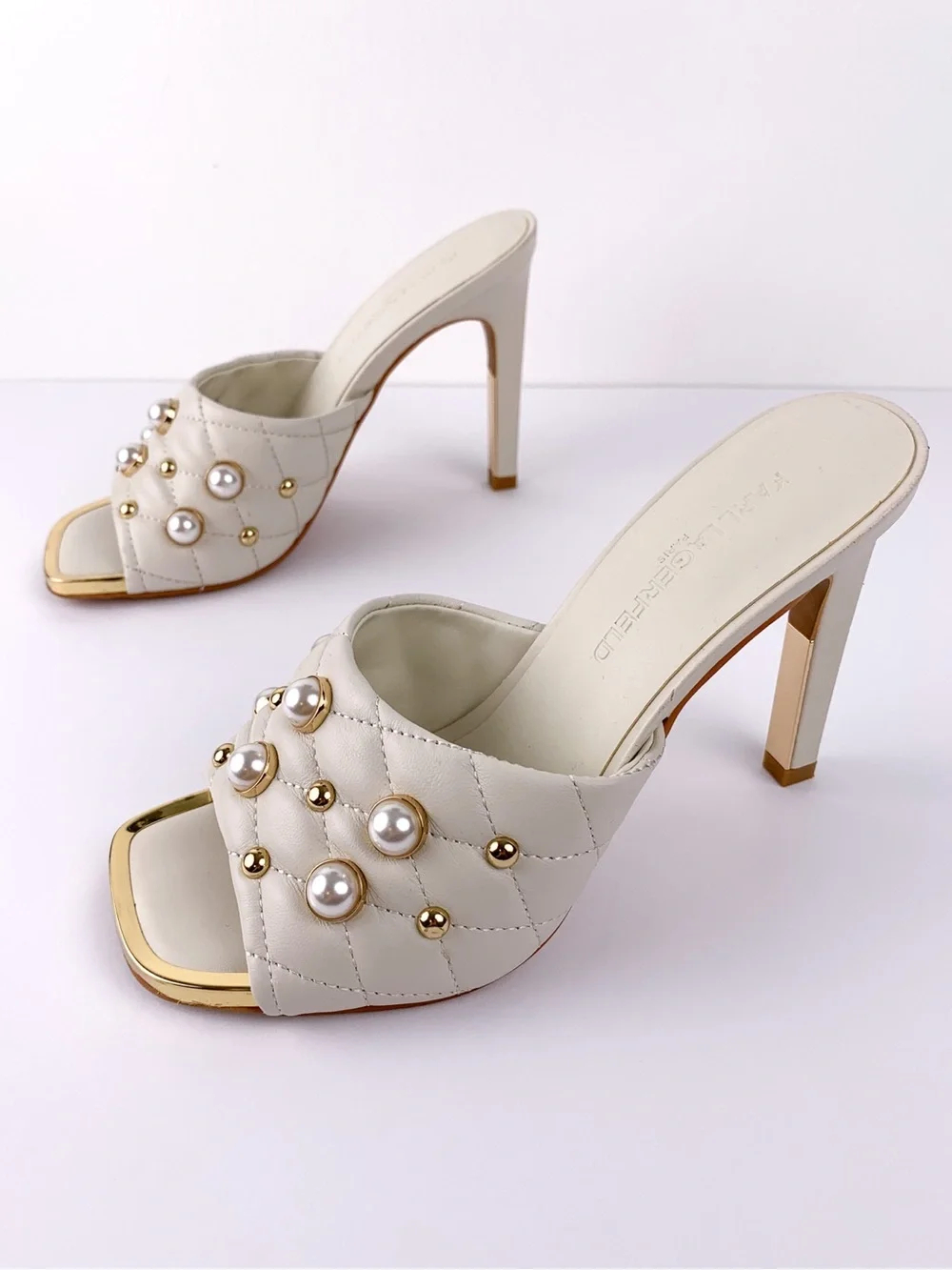 Karl Lagerfeld Paris Amina pearl studded heeled mules in ivory & gold size 6